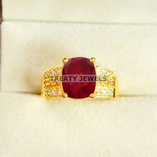 Ruby Oval Cut With 925 Sterling Silver Gold Plated Ring For Men's #B529 *