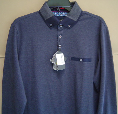 NWT $125 LUCHIANO VISCONTI BLACK Men M LONG SLEEVE POLO SHIRT Melange Navy P3709