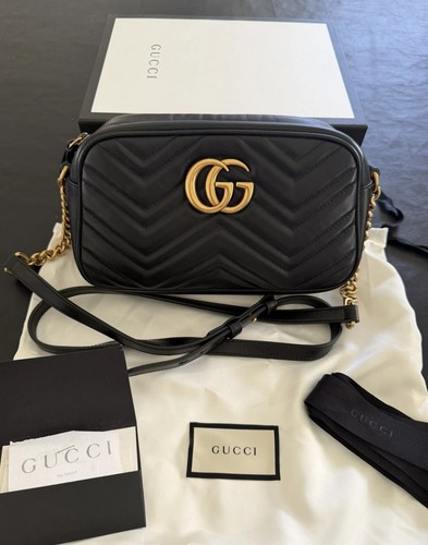 Gucci GG Marmont camera bag Small Leather Chevron Quilted Zip Beige Gold HW 