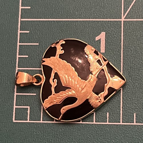 Colgante Grúa Japonesa Corazón Ónix Negro Firmado Diseñador Oro Amarillo 14K De Colección - Imagen 14 de 15