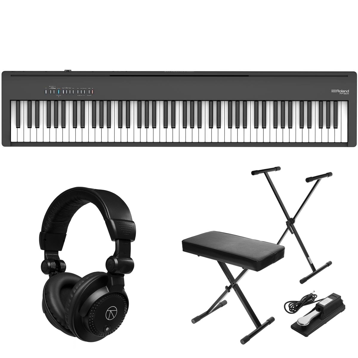 Roland FP-30X Portable Digital Piano, Black w/ Stand, Bench