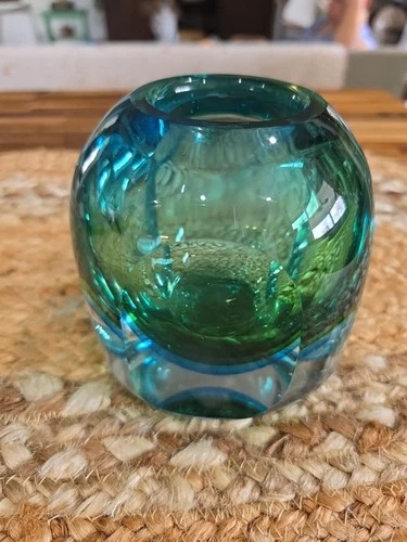 Vintage Murano Flavio Poli Seguso Sommerso Blue Green Italian Glass Vase MCM