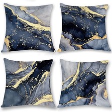 Grey Marble Texture Navy Blue and Gold Soft Velvet Throw Pillow Covers,