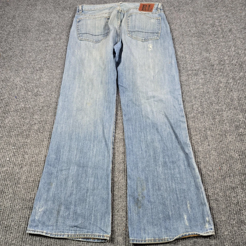 Pantalones de mezclilla Ralph Lauren para hombre 34x32 azul corte bota desgastados lavado claro desteñido RL Foto 2 de 4