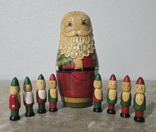 Vintage Santa Claus Christmas Wooden Matroyshka Doll With Elves Folk Art