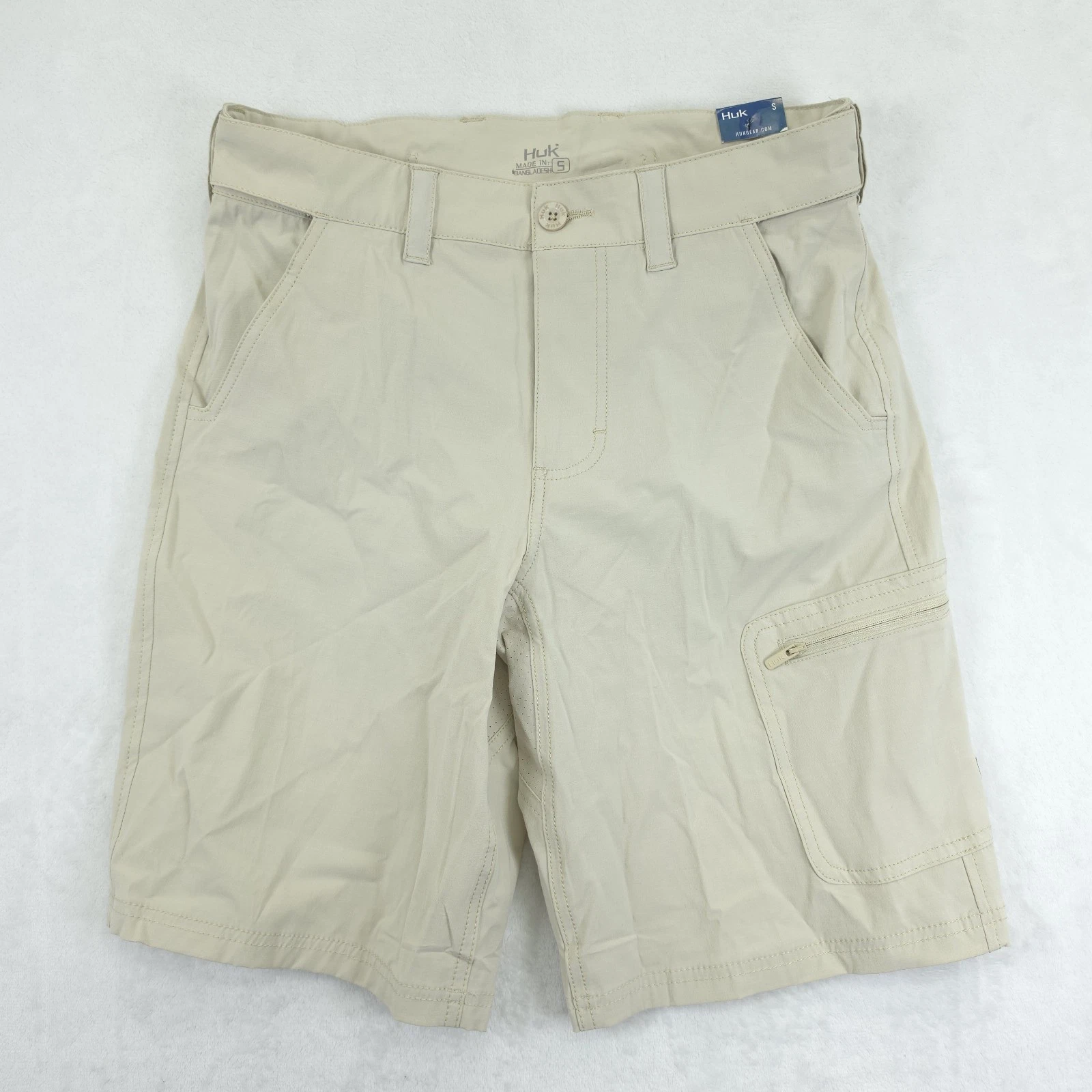 Huk Next Level Fishing Shorts Mens S Beige Stretch Zipper Cargo Pockets NWT