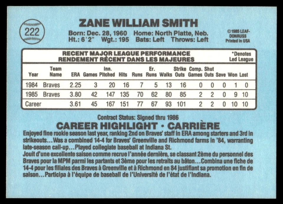 1986 Leaf #222 Zane Smith - Image 2 of 2
