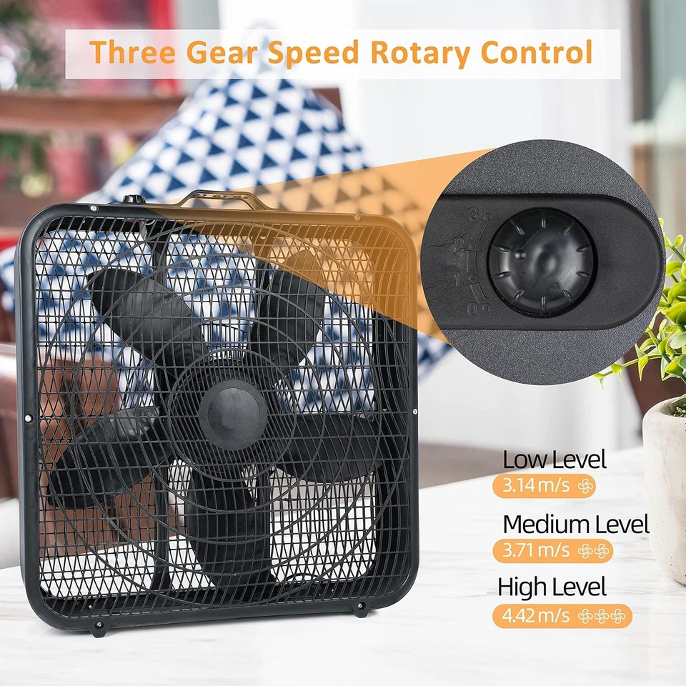20-Inch Box Fan – 3-Speed Air Circulator w/ Safety Grills & Carry Handle Black - Image 3 of 4