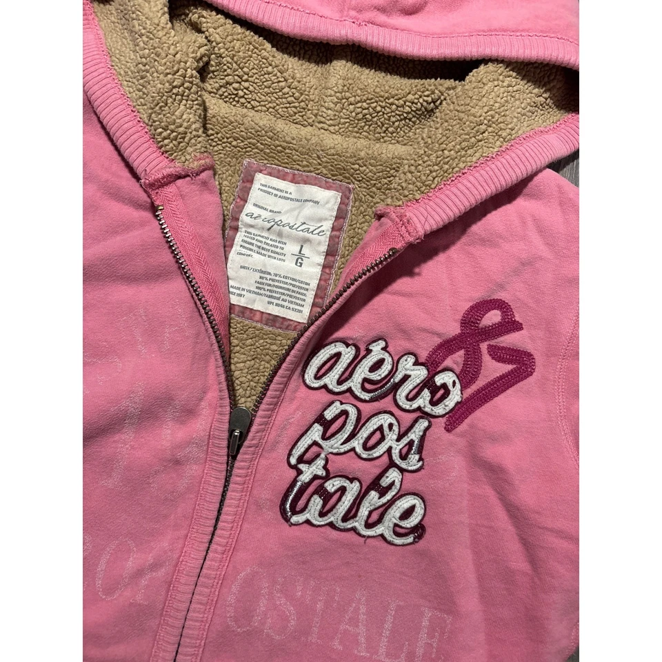 Винтажная розовая толстовка с капюшоном на молнии Y2K Aeropostale 87 с вышивкой шерпа с подкладкой женская - Изображение 2 из 4