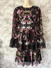 VENUS Black Multicolored Floral Butterfly Bell Sleeves Tiered Ruffle DressSize 8