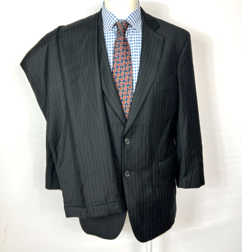 Jos A Bank Suit Black Striped 2 Piece Jacket 41R 2 Button Wool Pants 32X28 Nice