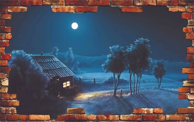Natur Mond Nacht Hütte 3D-Effekt Smashed View Wandaufkleber Poster Schlafzimmer Z444