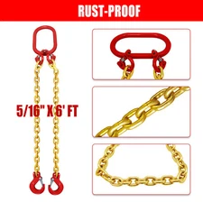 5/16"x 6' G80 Chain Lifting Sling 2 Legs 6600lbs Load Capacity W/ Grab Hooks