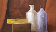 Vintage modernist gouache painting abstract still life with bottles