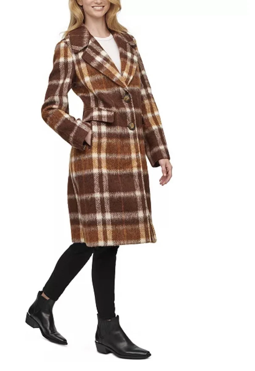 Calvin Klein Women s Plaid Single Breasted Walker Coat Sz 10 M eBay