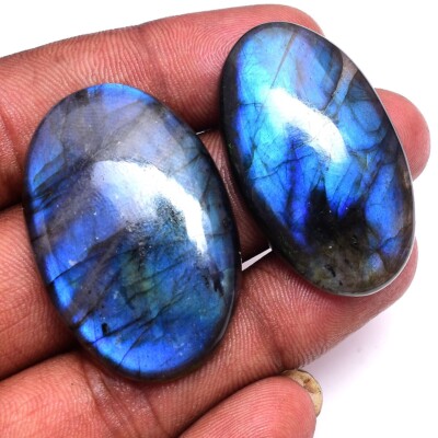 2 Pcs Natural Labradorite Blue Shine Oval Cabochon Untreated Loose Gemstones Lot