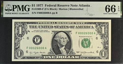 1977 $1 Federal Reserve Note PMG 66EPQ - Birthday Fancy Serial Number 00026000 - Picture 2 of 3