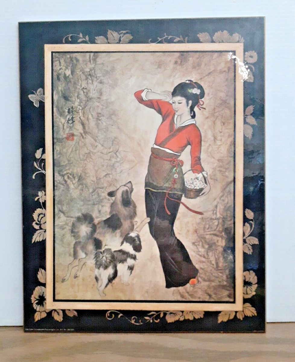 T.C. CHIU Asian Girl w Dogs Fine Art Print Framed Signed 11