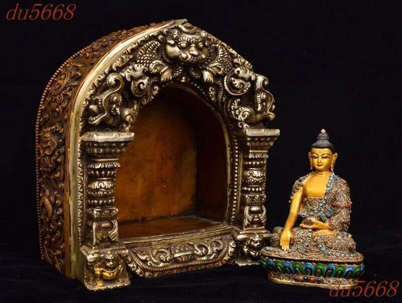 10" Tibetano púrpura cobre incrustación gema Sakyamuni Shakya Mani altares budistas estatua Foto 3 de 4