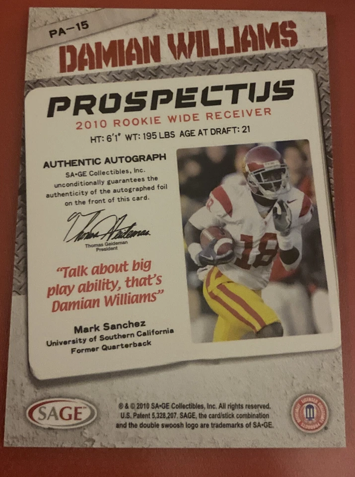DAMIAN WILLIAMS 2010 SAGE HIT "PROSPECTUS" #PA15 ROOKIE AUTOGRAPH AUTO RC /100 - Image 2 of 2