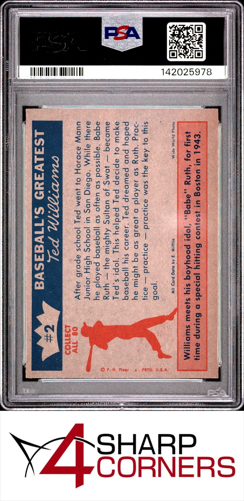 1959 FLEER TED WILLIAMS #2 TED'S IDOL BABE RUTH PSA 8 (OC) view 2