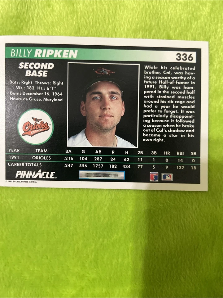 1992 Pinnacle - Billy Ripken #336 - Image 2 of 2