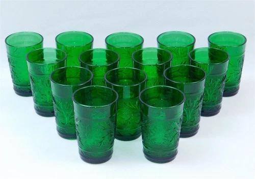 14 Vtg Anchor Hocking FOREST GREEN Sandwich Glass Flat Juice Tumbler 3.5" Tall