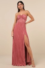 Lulus Desme Rose Pink Satin Plisse Strapless Maxi Dress Size XS