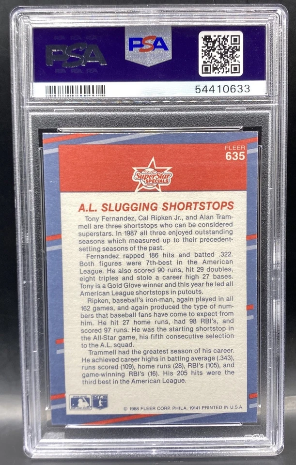 1988 Fleer Glossy #635 AL MLB Cal Ripken Jr. Alan Trammell Tony Fernandez PSA 10 - Imagem 2 de 2
