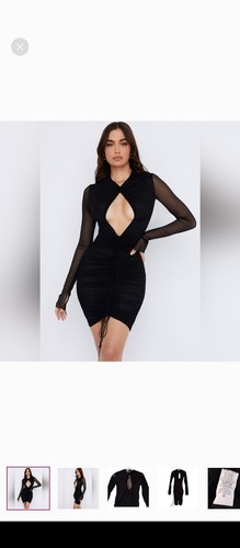 House Of CB Cutout Mesh Long Sleeve Ruched Bodycon Mini Dress Women's S Cocktail - Picture 3 of 7
