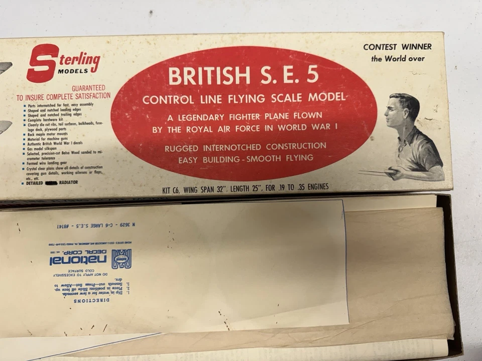 Vintage Sterling Se5a Balsa Model Airplane Kit 32” WS S.E.5 Control Line - Image 2 of 4