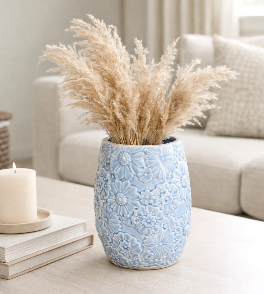 Vintage Blue Crackle Glaze Ceramic Vase - 7.5" Embossed Floral Table Centerpiece