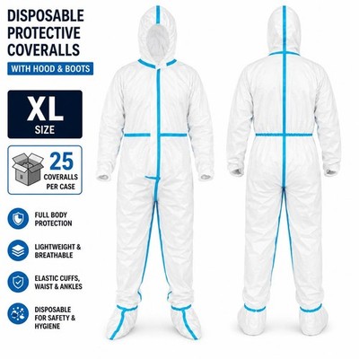 Disposable Coveralls XL Case of 25 with Hood & Boots PPE Protective Suit