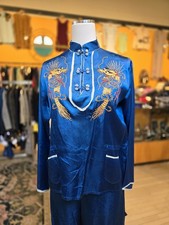 Vtg 1940s Embroidered Dragon Asian Blue Satin Pajama Set