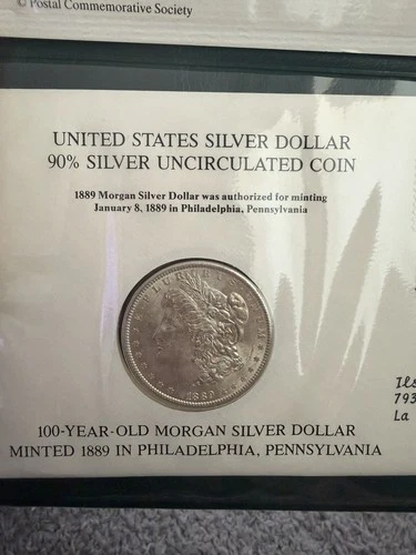 Morgan Silver Dollar 1889 Postal Commemorative Society 90% Silver-UNC w/COA
