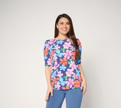 Susan Graver Printed Liquid Knit Ruched Elbow-Sleeve Top Blue/Multi 2X New