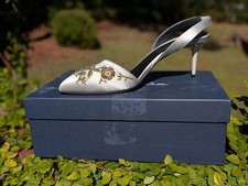 Oscar de la Renta Bride's Silver Satin Heels Gold Jeweled Made in Italy - $899