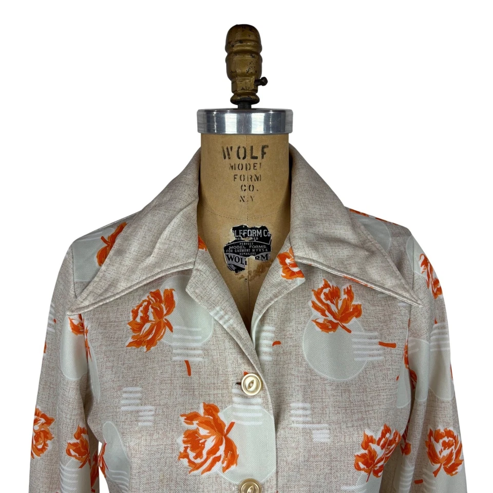 Винтажный 70-х цветочный рубашка женщин XL оранжевый цветы полиэстер длинным рукавом кнопка U - Изображение 4 из 4