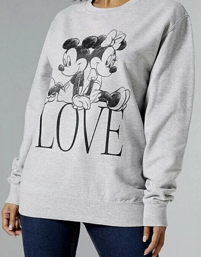 New Womens Disney Mickey & Minnie Love Sweatshirt Jumper Grey Size S ,M , L  , XL