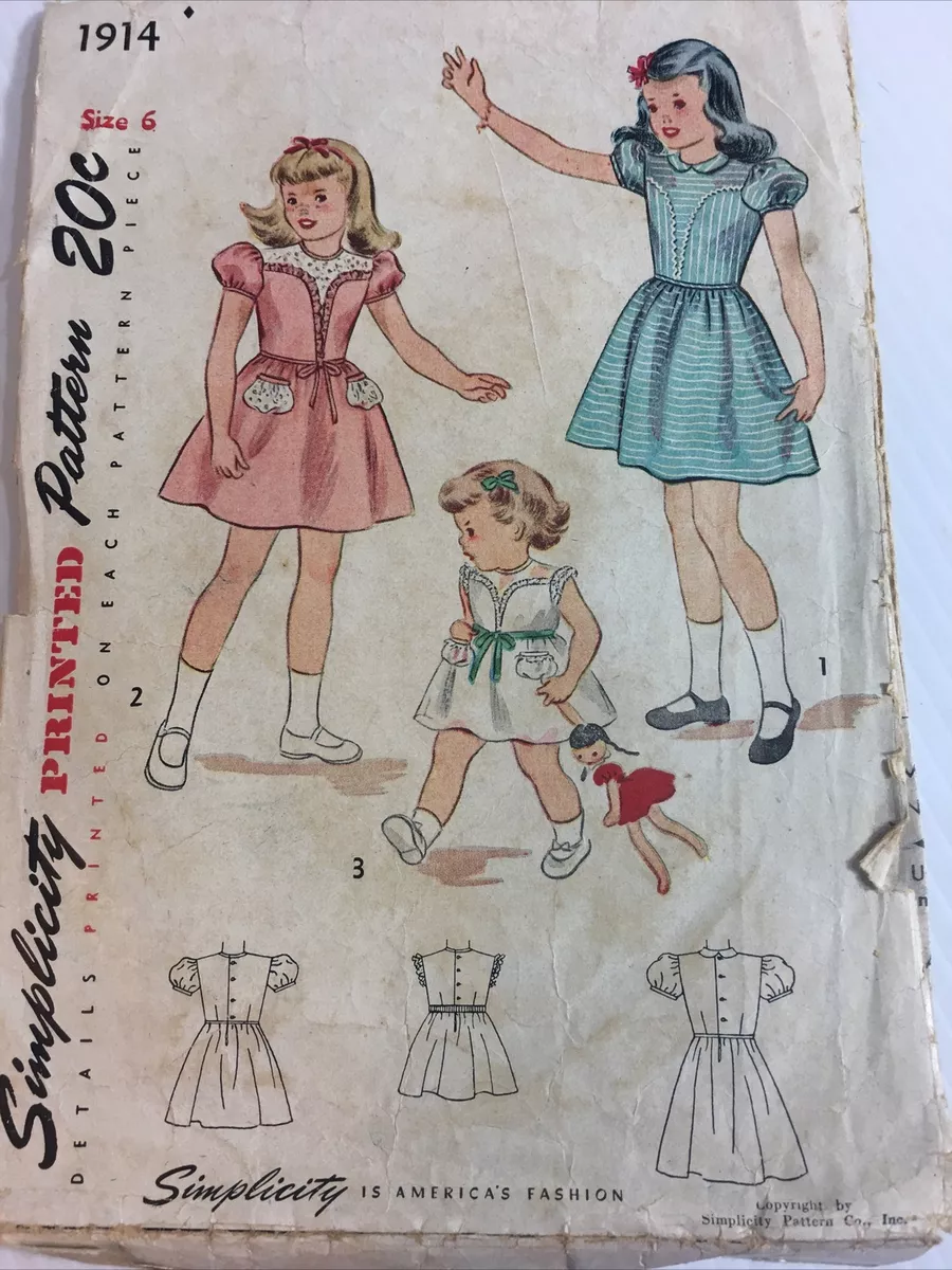 1940s Simplicity 1914 Vintage Sewing Pattern Girls Dress Size Size 6