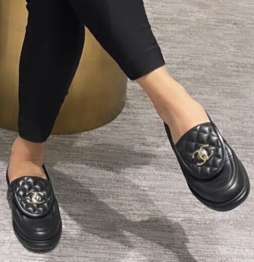 Chanel Black Quilted Flap Turnlock CC Logo Gold Mule Loafer Chanel Black Quilted Flap Turnlock CC Logo Gold Mule Loafer
