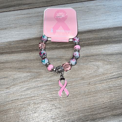 Pink And White Floral Breast Cancer Awareness Stretch Bracelet