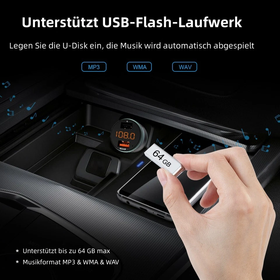 Bluetooth FM Transmitter Auto Radio MP3 Player QC 3.0 Adapter Dual USB Ladegerät - Bild 2 von 4