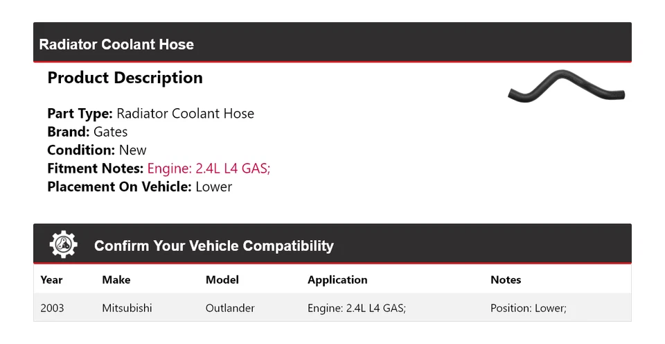 For 2003 Mitsubishi Outlander 2.4L L4 GAS Radiator Coolant Hose Lower Gates - Image 2 of 4
