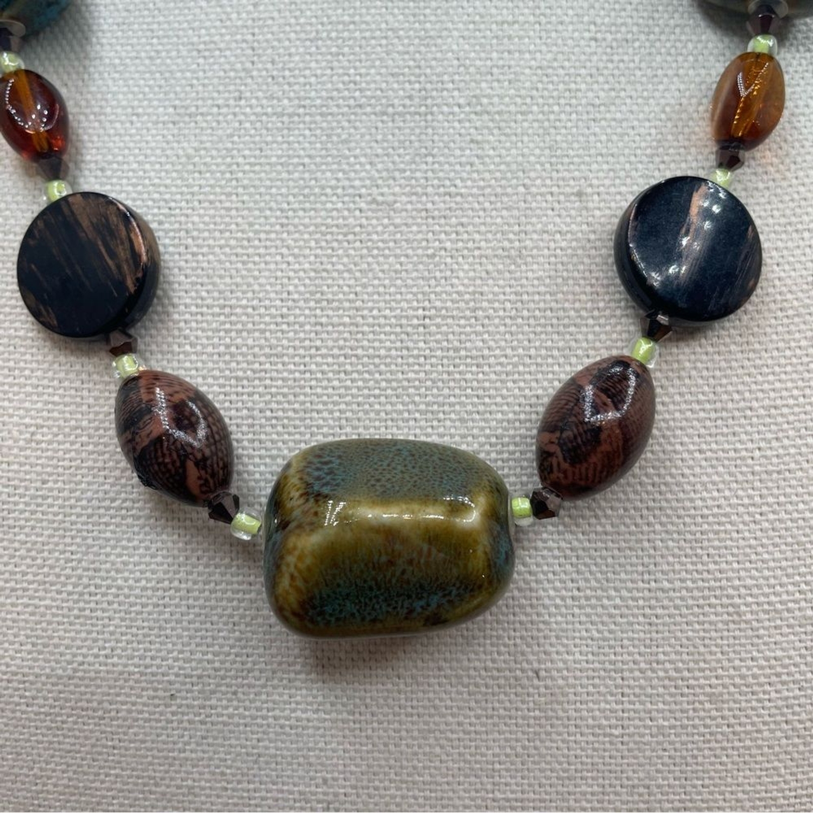 Unsigned Boho Glazed Ceramic Necklace Beaded Blue… - image 2