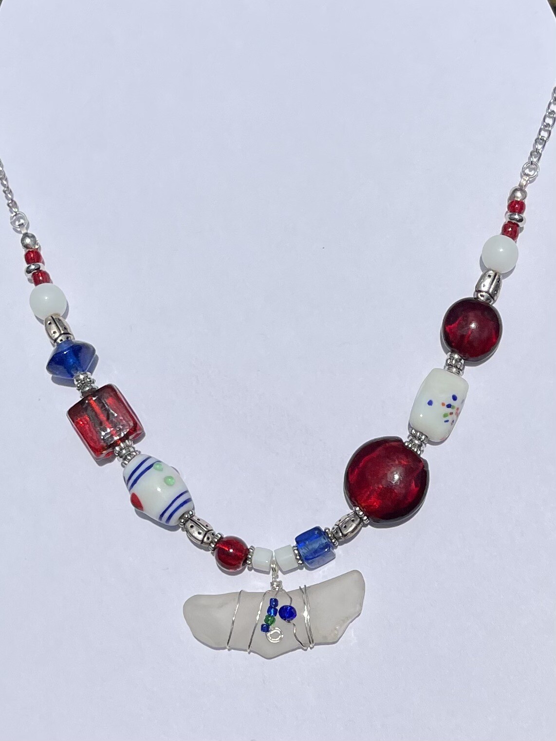 Beach Tumbled SEA GLASS Red White Blue Lampwork Bead Silver-tone Necklace