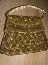 Vintage 1950s Gold Beaded Sequins Satin Purse Formal Clutch Handmade Hong Kong