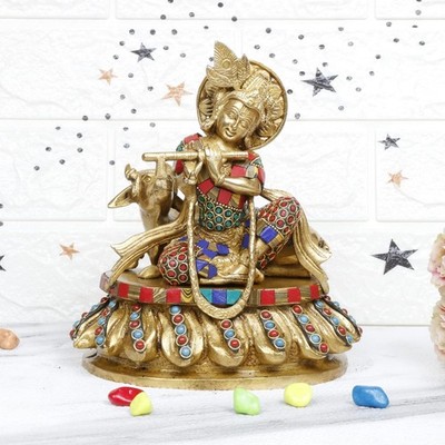 Brass Skulptur Lord Krishna Figurine mit Kuh spielt Flöte auf Lotus