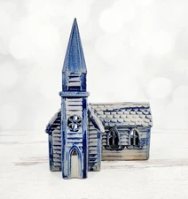 Vintage 1997 Rowe Pottery Blue Salt Glaze Church Village with Light Figurine