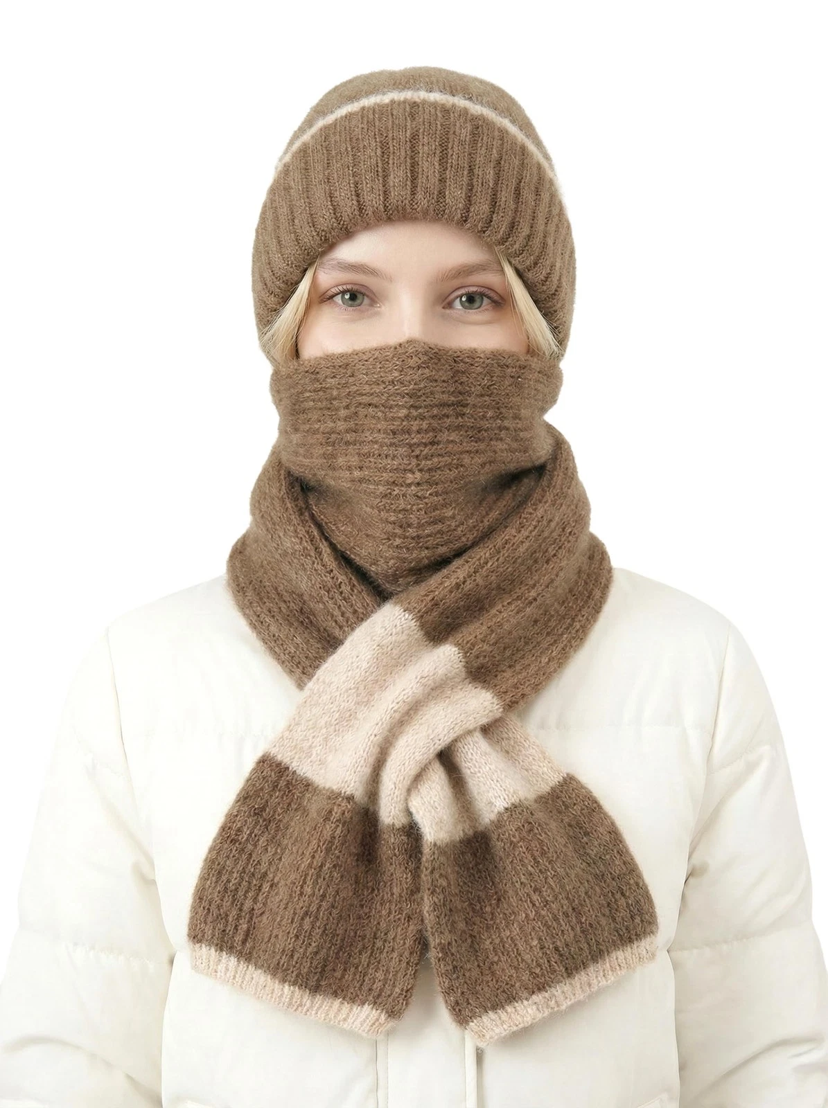 Winter Knitted Hooded Scarf, Warm Fleece Lined Hat with Attached Scarf, Windp...